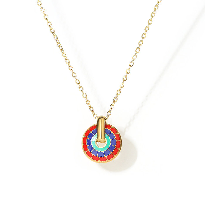 Retro Geometric Round Stainless Steel Enamel Plating 18K Gold Plated Pendant Necklace