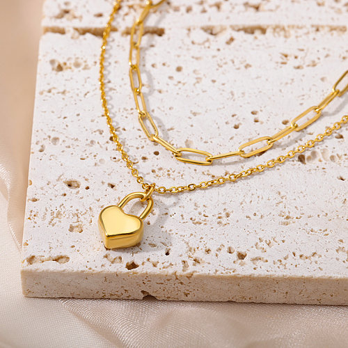 Colares banhados a ouro de dupla camada com corrente de aço inoxidável em formato de coração de estilo simples 18K