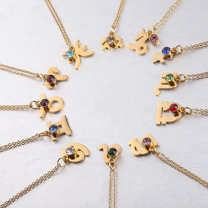 Gold Twelve Constellations Stainless Steel  Necklace Lucky Birthstones Necklace