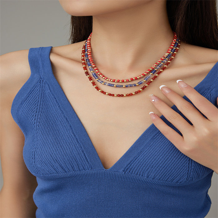 Collier de perles en pierre géométrique en acier inoxydable de style classique de vacances