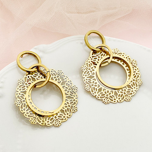 Boucles d'oreilles pendantes en acier inoxydable plaqué or, 1 paire de fleurs de trajet ajourées