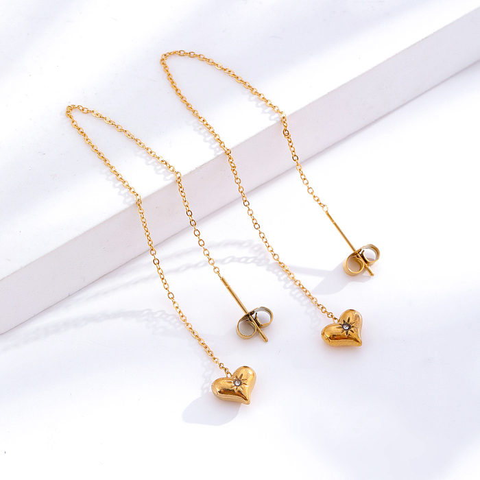 1 Pair Elegant Sweet Heart Shape Butterfly Stainless Steel Inlay Zircon 24K Gold Plated Drop Earrings