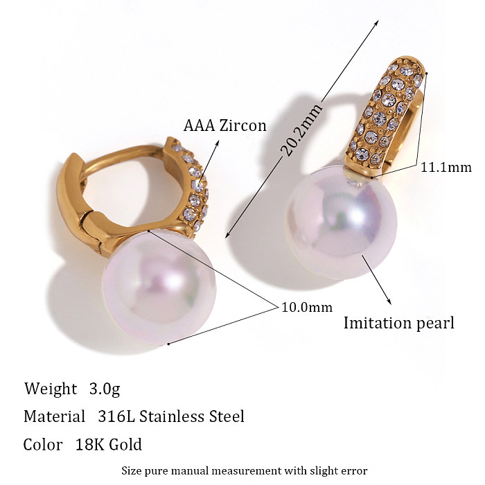 1 Pair French Style Geometric Stainless Steel  Plating Inlay Artificial Pearls Zircon 18K Gold Plated Earrings