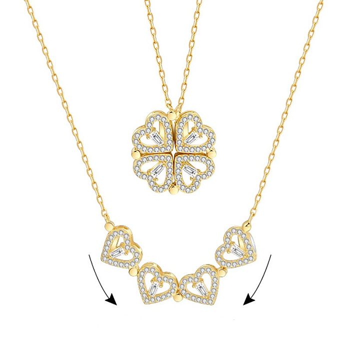 Fashion Four Leaf Clover Heart Shape Stainless Steel  Flowers Inlay Zircon Necklace