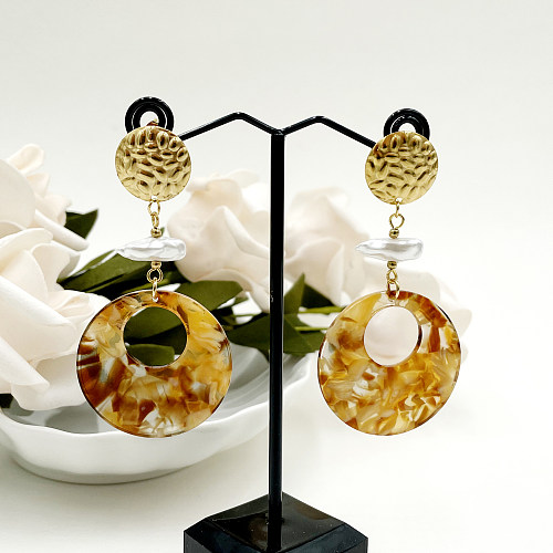 1 par de pendientes colgantes chapados en oro de 14 quilates, redondos, retro, de acero inoxidable, chapados en perlas