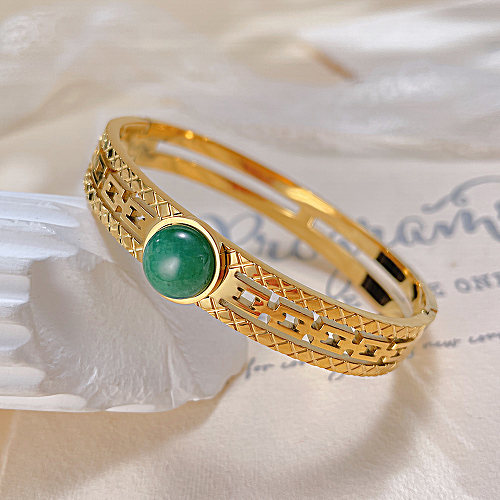 Wholesale Vintage Style French Style Color Block Natural Stone Titanium Steel Hollow Out Bangle
