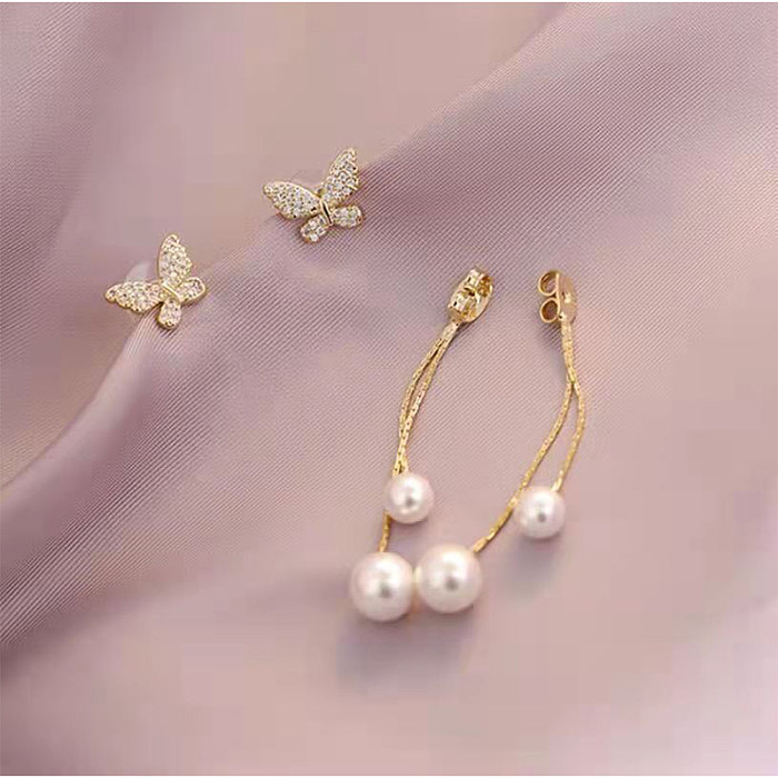 1 Paar glänzende Schmetterlings-Inlay-Ohrringe aus Edelstahl mit Strasssteinen und Perlen im IG-Stil