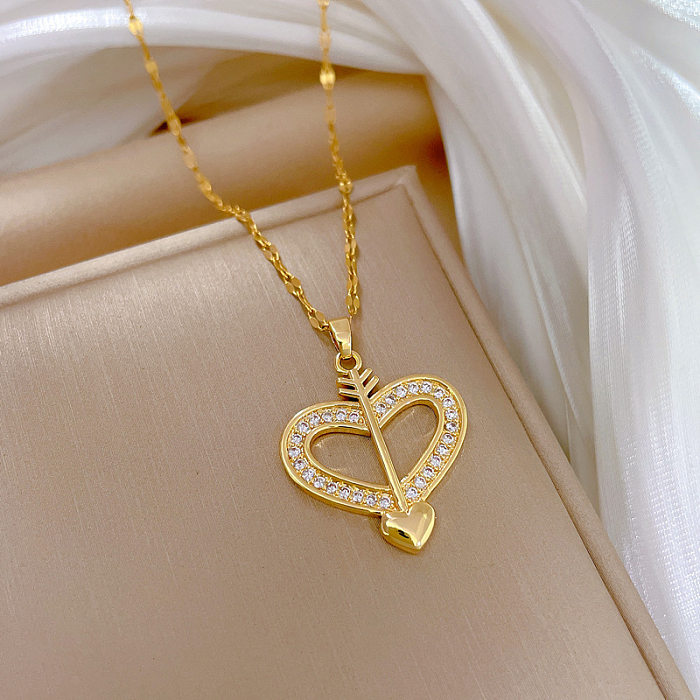Sweet Bow And Arrow Heart Shape Stainless Steel Copper Plating Inlay Zircon Pendant Necklace