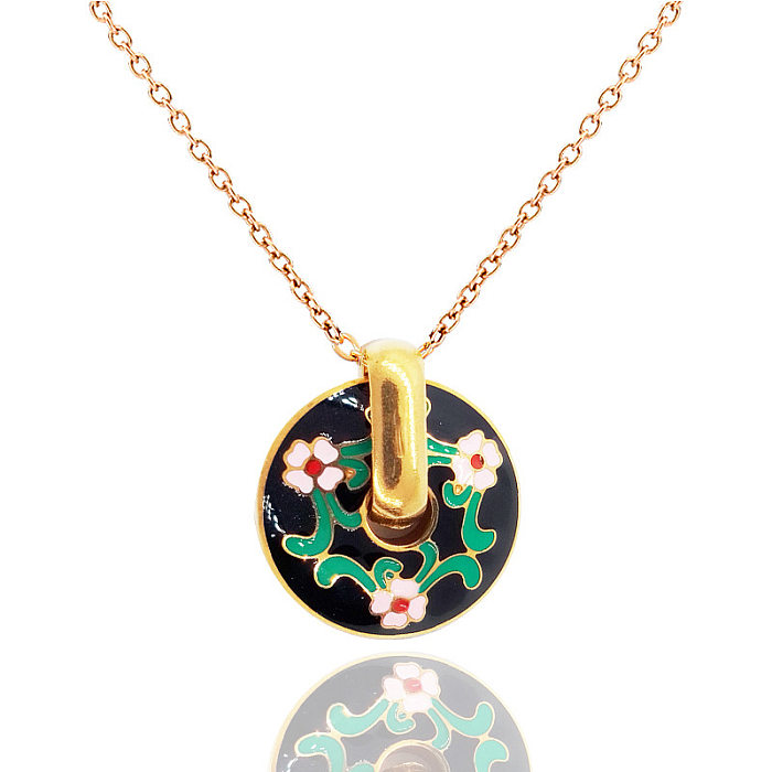 Ethnic Style Flower Stainless Steel Enamel Pendant Necklace 1 Piece