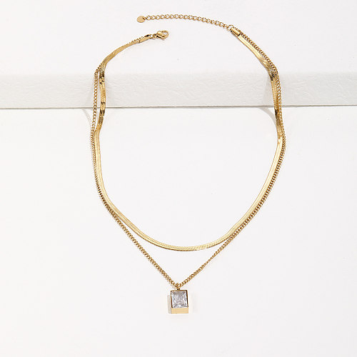 Edelstahlplattierte 14-Karat-goldene modische Doppelschicht-Halskette mit weißem Zirkon