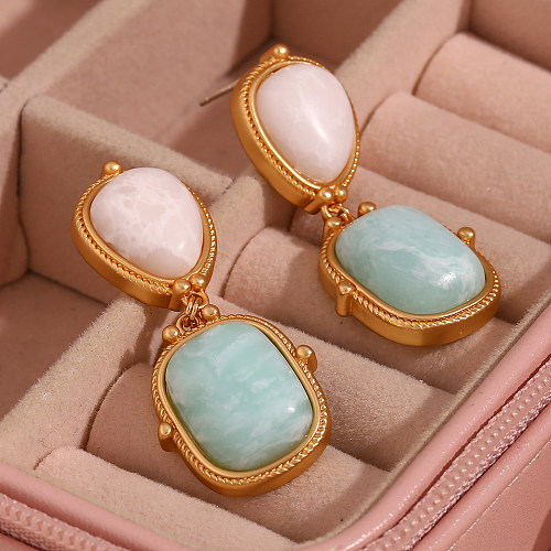 1 Pair Vintage Style Simple Style Classic Style Color Block Plating Inlay Stainless Steel  Natural Stone 18K Gold Plated Drop Earrings
