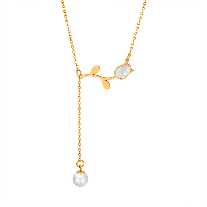 Süße Blumen-Edelstahl-Beschichtung, Intarsien, künstliche Perlen, Muschel, 18 Karat vergoldete Anhänger-Halskette
