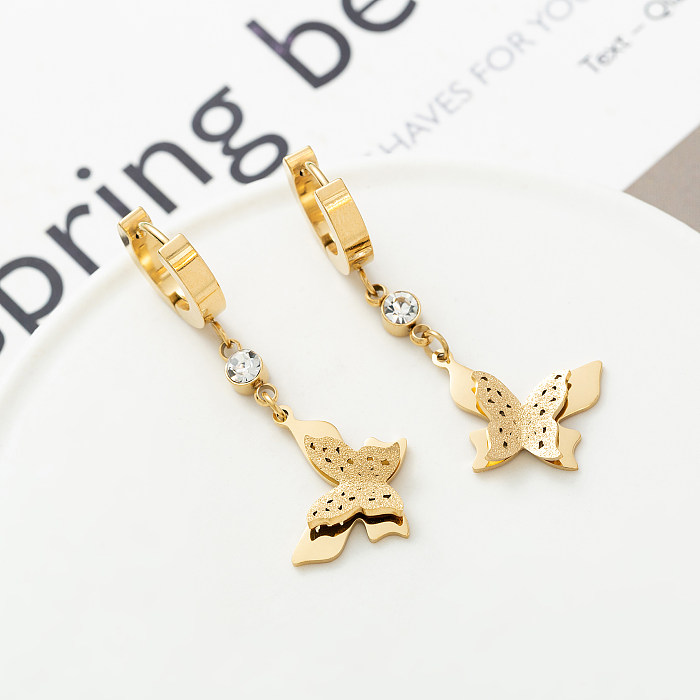 1 Paar moderne Pentagramm-Ohrringe mit runder Schmetterlingsbeschichtung, Edelstahl-Zirkon, 18 Karat vergoldet