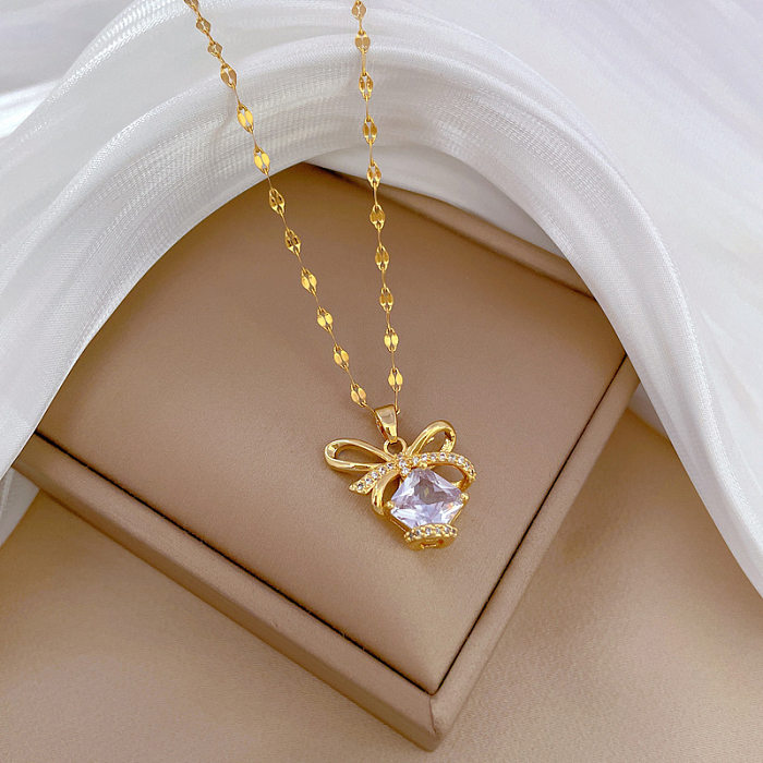 Simple Style Bow Knot Stainless Steel  Copper Inlay Zircon Pendant Necklace