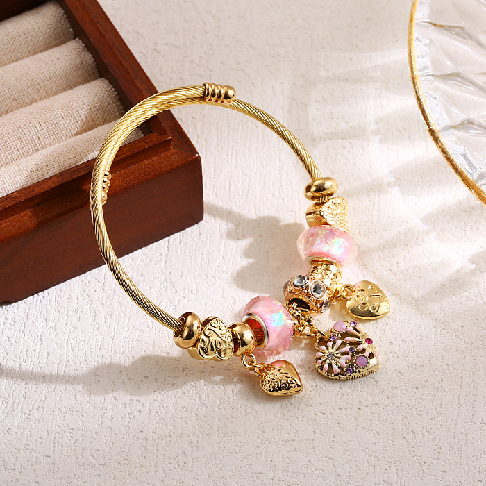 Wholesale Elegant Cute Heart Shape Eye Butterfly Stainless Steel Alloy Beaded Hollow Out Inlay Rhinestones Bangle