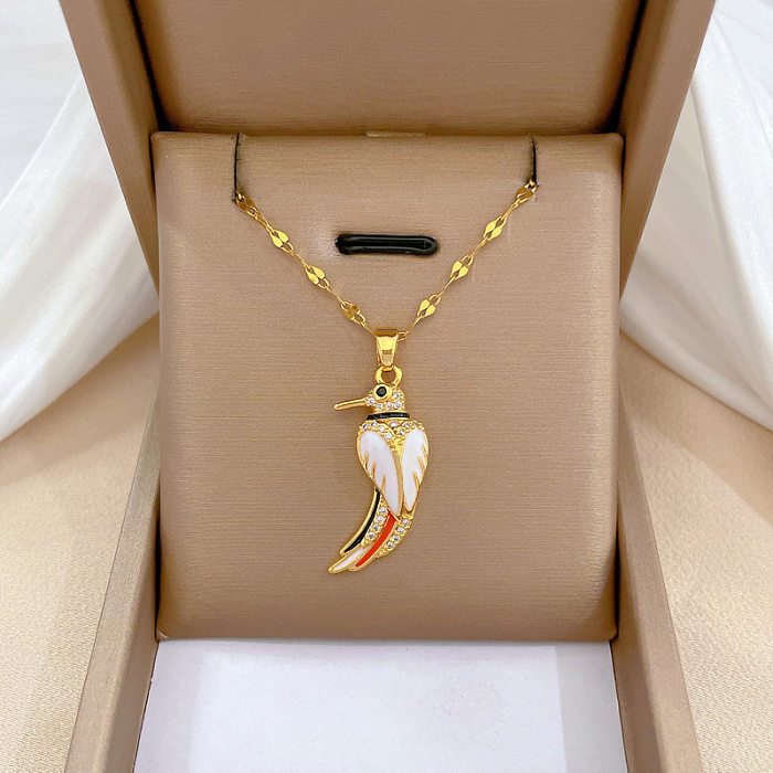 Casual Woodpecker Stainless Steel Copper Enamel Plating Inlay Zircon Pendant Necklace