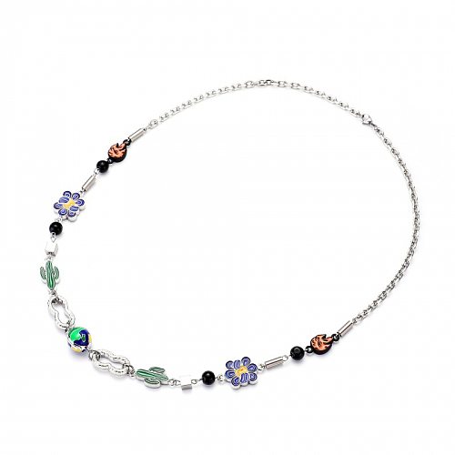 Hip-Hop Cactus Earth Flower Stainless Steel Enamel Necklace