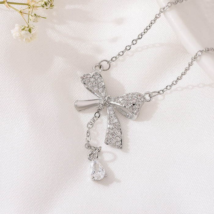 Simple Style Bow Knot Stainless Steel  Inlay Rhinestones Pendant Necklace