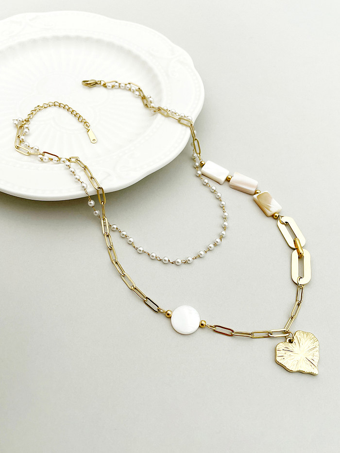 Glam Lady Roman Style Heart Shape Stainless Steel  Artificial Pearl Beaded Enamel Plating Gold Plated Layered Necklaces