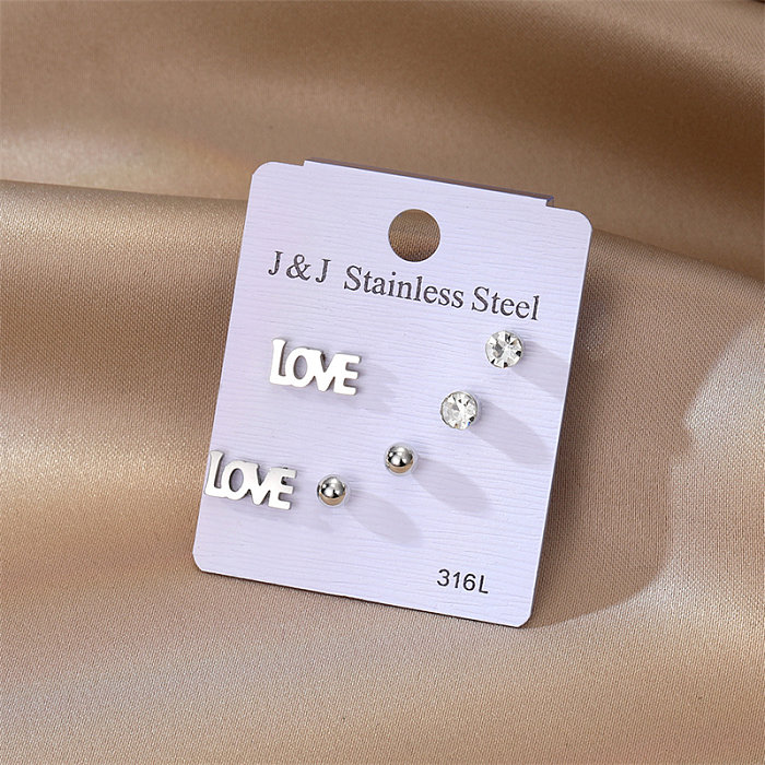 3 Pairs Simple Style Love Stainless Steel  Inlay Zircon Ear Studs