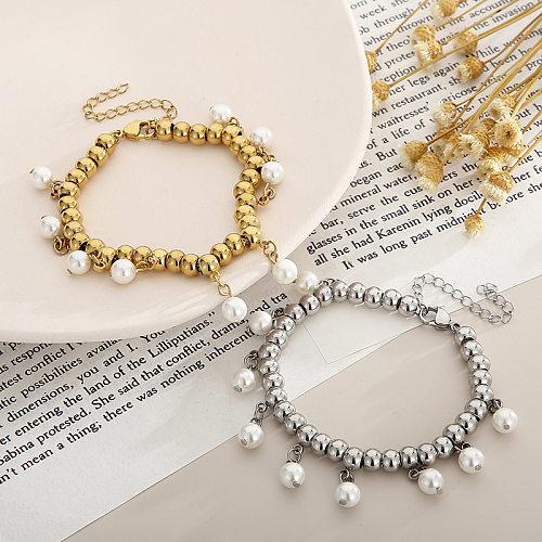Elegant Geometric Titanium Steel Gold Plated Artificial Pearls Bracelets