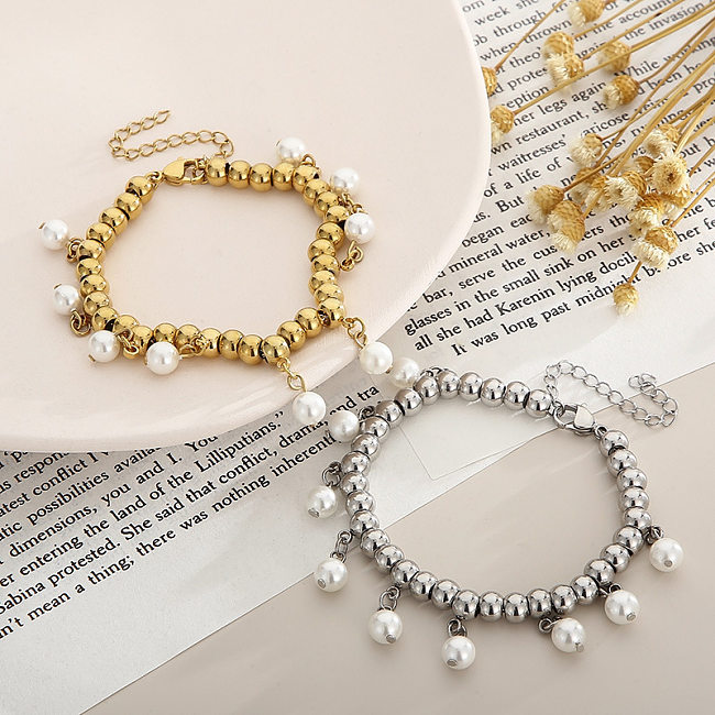 Elegant Geometric Titanium Steel Gold Plated Artificial Pearls Bracelets