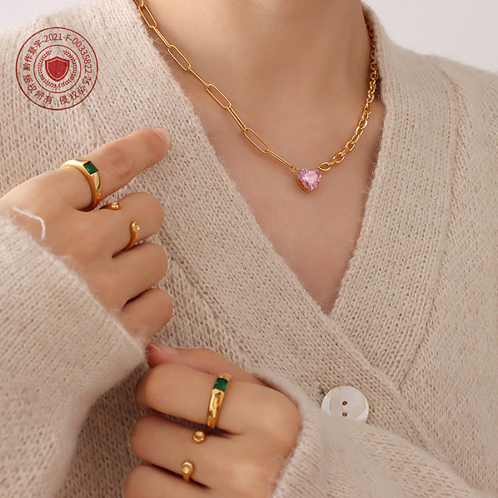 Coreano novo na moda rosa zircão incrustado coração pingente colar de aço inoxidável