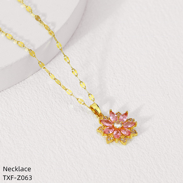 Retro estilo clássico flor de aço inoxidável revestimento epóxi incrustação strass rosa banhado a ouro colar
