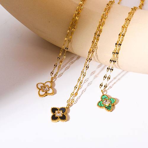 Casual Simple Style Four Leaf Clover Stainless Steel  Plating Inlay Shell Zircon 18K Gold Plated Pendant Necklace