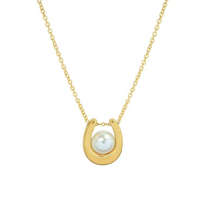 Collier élégant avec pendentif en perles artificielles et incrustation en acier inoxydable en forme de U