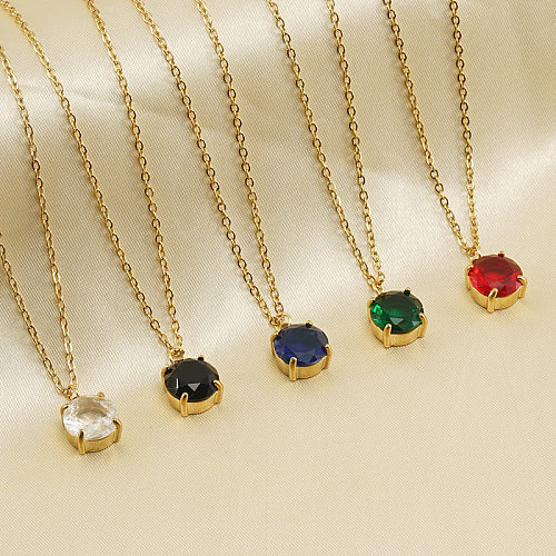 Simple Style Round Stainless Steel Inlaid Zircon Pendant Necklace 1 Piece