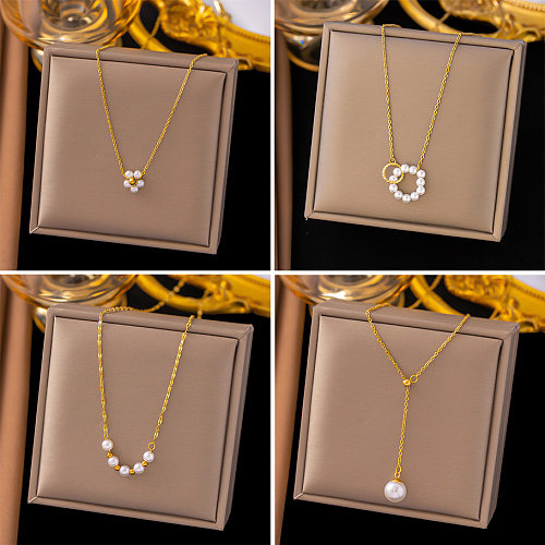 Simple Style Round Flower Imitation Pearl Stainless Steel Plating Necklace