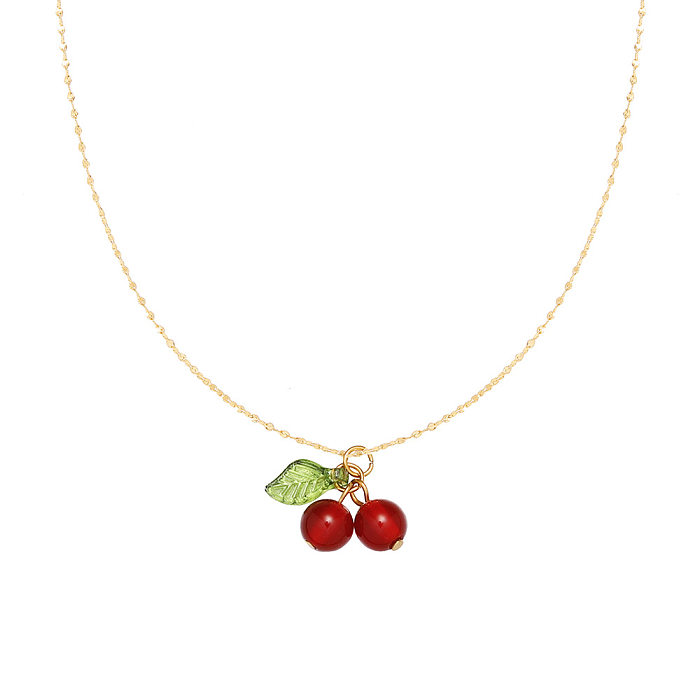IG Style Sweet Cherry Stainless Steel Plating 18K Gold Plated Pendant Necklace
