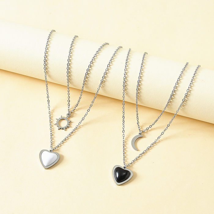 Fashion Sun Moon Heart Shape Stainless Steel  Hollow Out Inlay Resin Layered Necklaces 2 Pieces