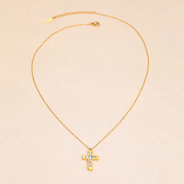 IG Style Lässige Halskette mit Kreuz-Anhänger, Edelstahl-Beschichtung, Inlay, Strasssteinen, Glas, 18 Karat vergoldet
