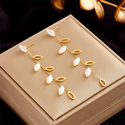 1 Pair Korean Style Leaf Plating Stainless Steel 18K Gold Plated Drop Earrings