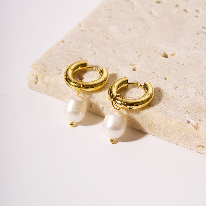 1 Paar Damen-Ohrringe mit geometrischer Beschichtung aus Edelstahl, Süßwasserperle, vergoldet