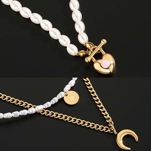 Elegant Glam Simple Style Star Moon Heart Shape Artificial Pearl Stainless Steel Toggle Plating Inlay Resin Gold Plated Pendant Necklace