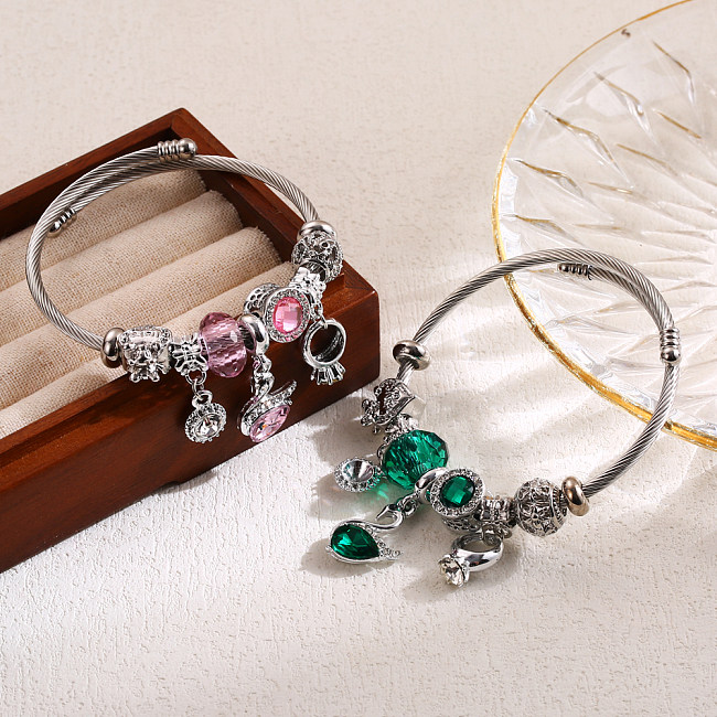 Wholesale Cute Sweet Swan Stainless Steel Alloy Beaded Inlay Rhinestones Bangle