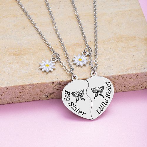 French Style Letter Butterfly Daisy Stainless Steel  Carving Pendant Necklace
