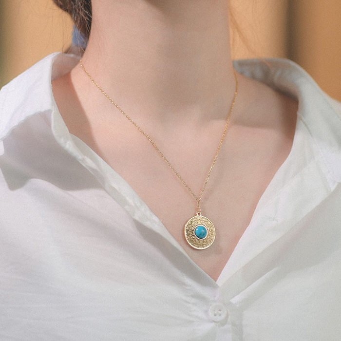 Collier rond Turquoise à motif rétro, chaîne de clavicule à la mode pour dames