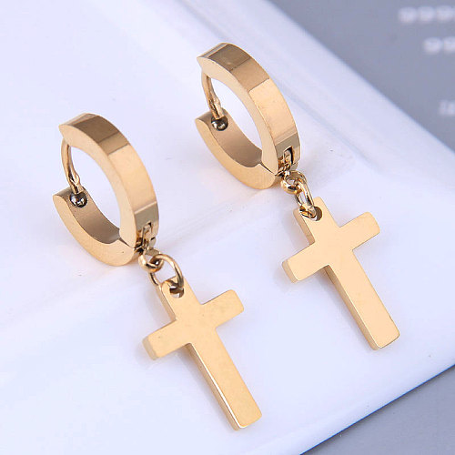 Trendy Silvery Golden Pendant Cross Shape Stainless Steel Hoop Earrings