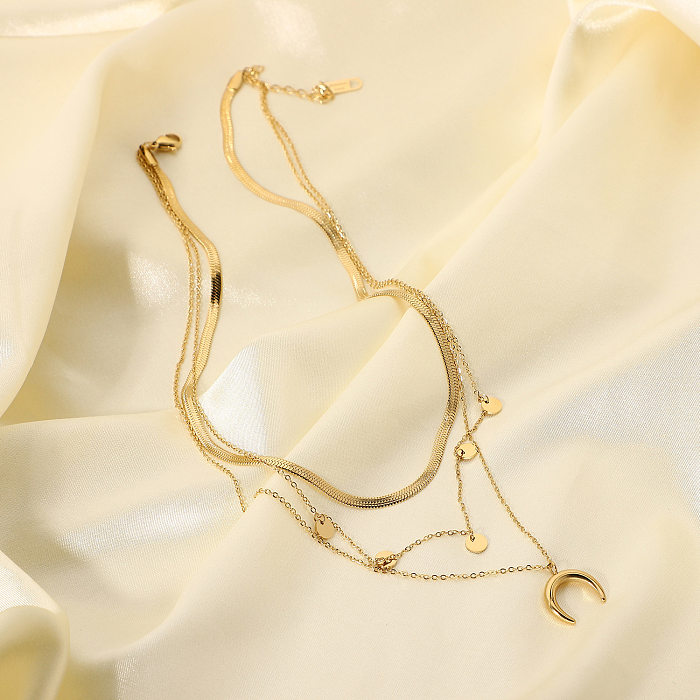 Mondscheiben-Anhänger aus Edelstahl, vergoldet, mehrschichtige Halskette, Großhandel mit Schmuck