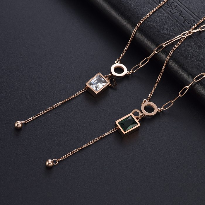 Elegant Rectangle Stainless Steel Plating Zircon Gold Plated Pendant Necklace