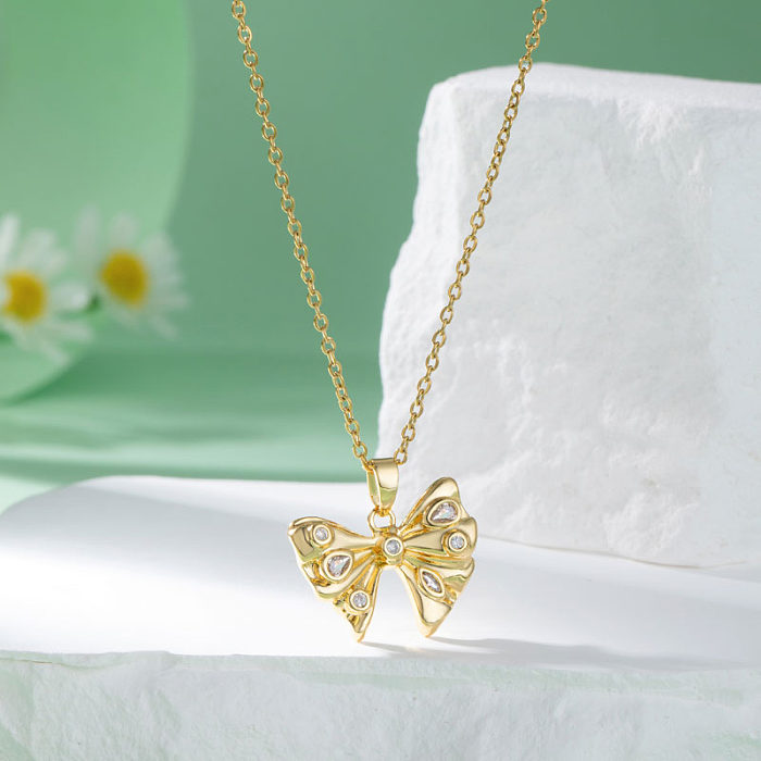 Elegant Artistic Heart Shape Flower Bow Knot Stainless Steel  Stainless Steel Plating Inlay Zircon 18K Gold Plated Gold Plated Pendant Necklace