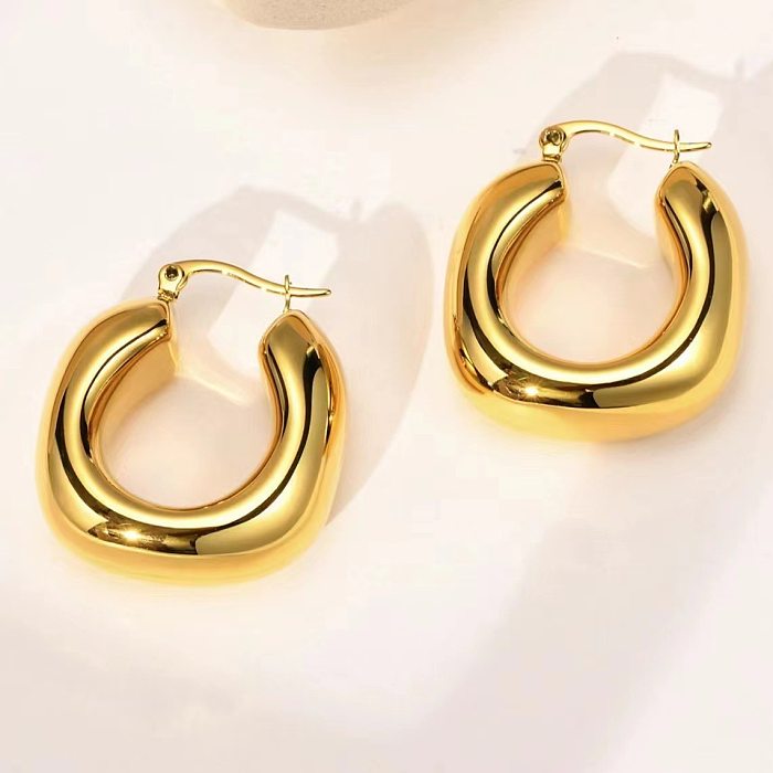 1 paire de boucles d'oreilles créoles rondes et ovales en acier inoxydable plaqué or 18 carats, Style Vintage, Style Simple et exagéré