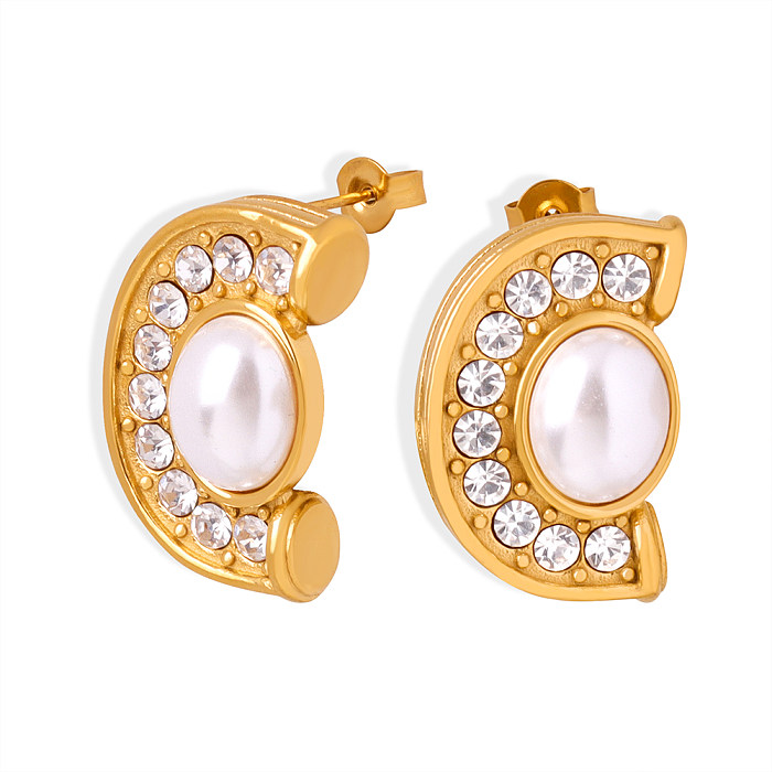 1 Pair Vintage Style Baroque Style Semicircle Plating Inlay Stainless Steel Artificial Pearls Artificial Diamond 18K Gold Plated Ear Studs