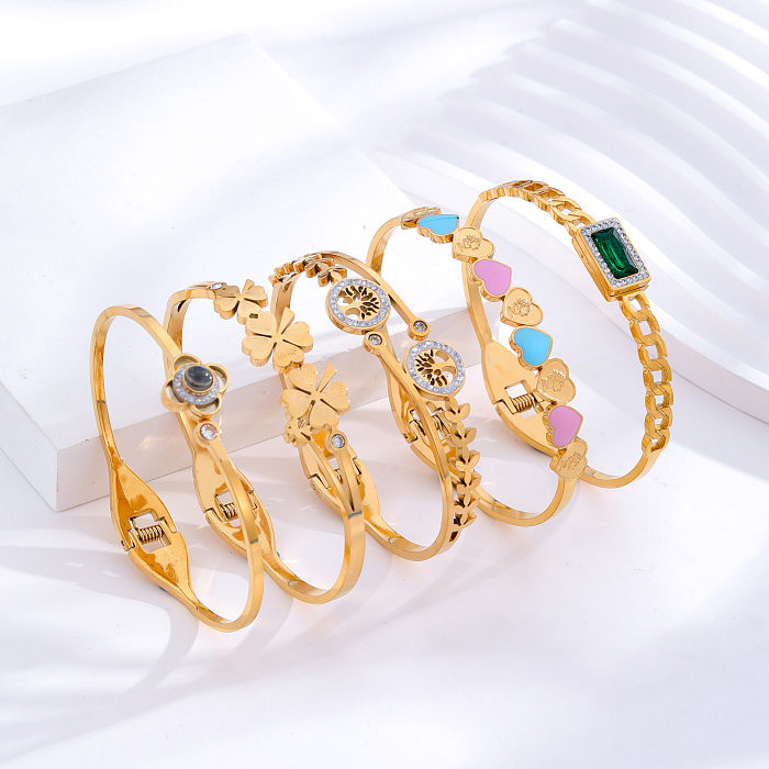 Simple Style Classic Style Four Leaf Clover Tree Heart Shape Titanium Steel Epoxy Plating Inlay Zircon 24K Gold Plated Bangle