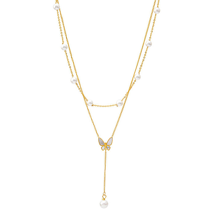 Mehrschichtige Halsketten im französischen Retro-Schmetterlingsstil mit künstlichen Perlen aus Edelstahl mit 18-Karat-Vergoldung