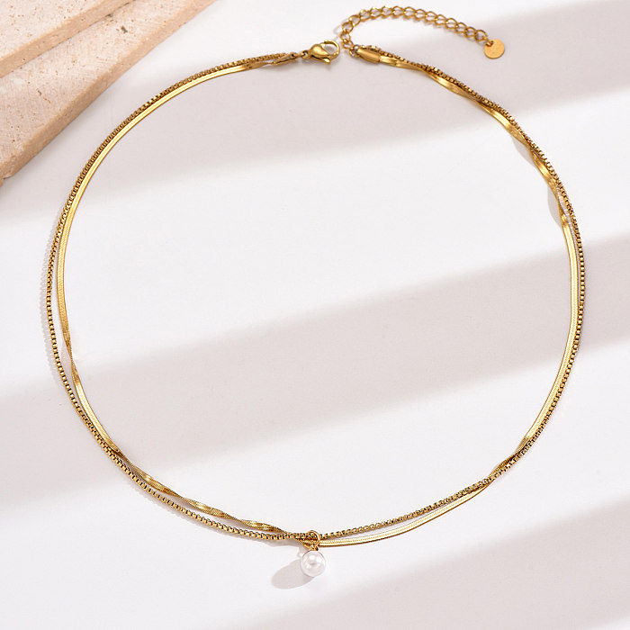 Modern Style Round Stainless Steel  Pearl Plating 14K Gold Plated Layered Necklaces